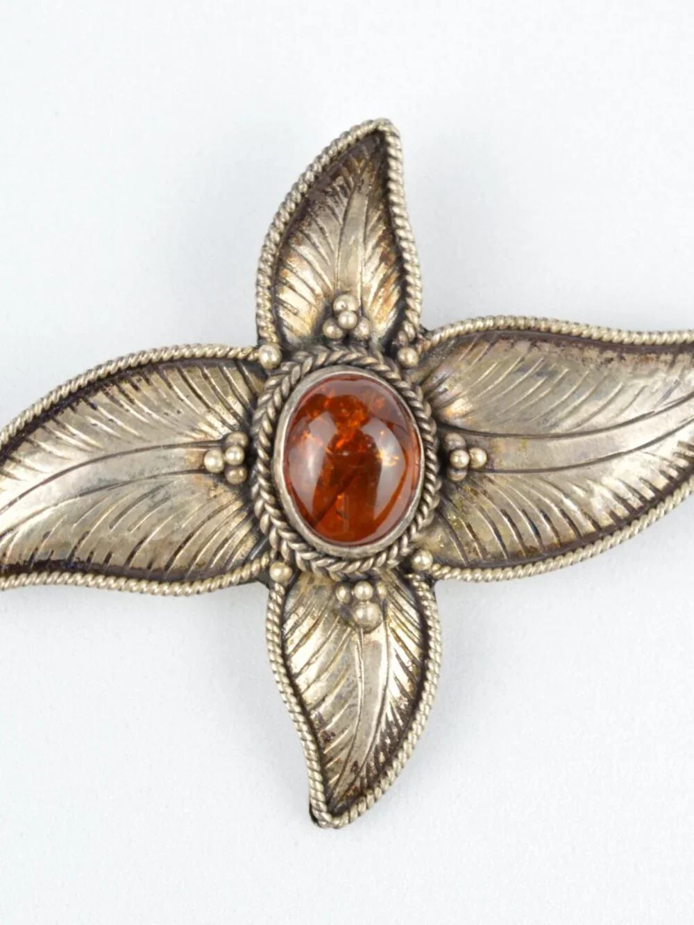 Vintage 925 Sterling Silver Baltic Amber Brooch Pin Flower Star 1.75